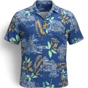 Island 2 Island Mens Large Blue Tropical Palm‎ Leaf Rayon Aloha Hawaiian Shirt